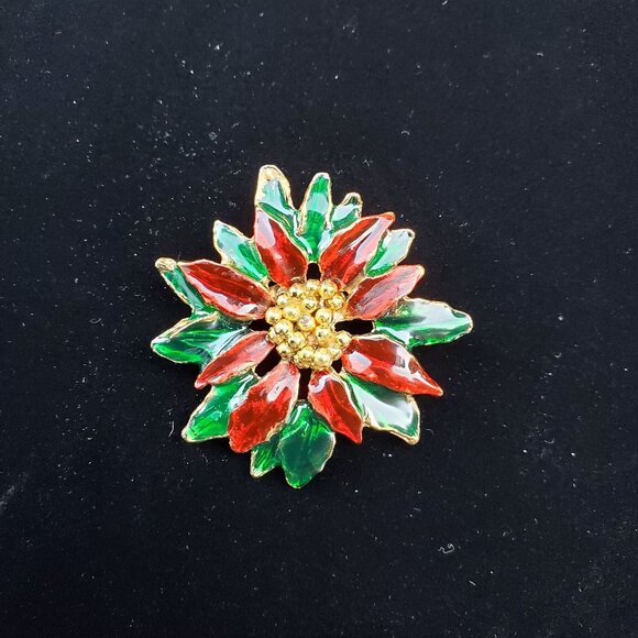 Vintage Poinsettia Flower Christmas Enameled Brooch Pin - Picture 3 of 9